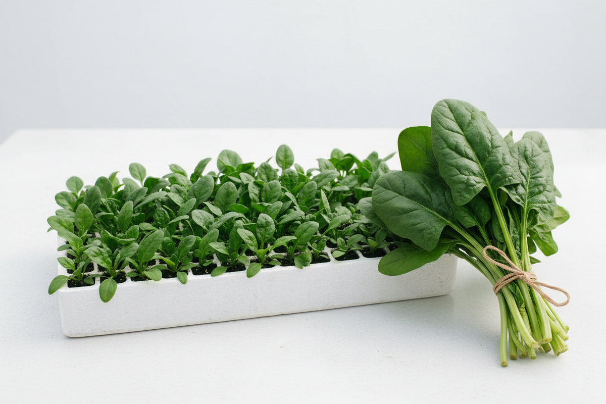 Spinach Ford Hook Giant seedlings in plug tray with a fresh bunch of mature spinach with stems